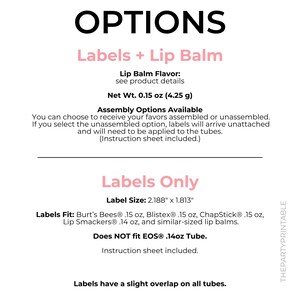 a list of options for lip balm, including labels and lip balm flavor, assembly options, and label sizes.