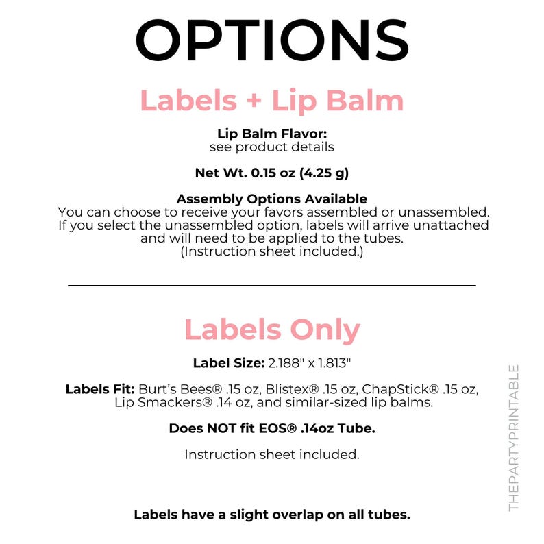 a list of options for lip balm, including labels and lip balm flavor, assembly options, and label sizes.