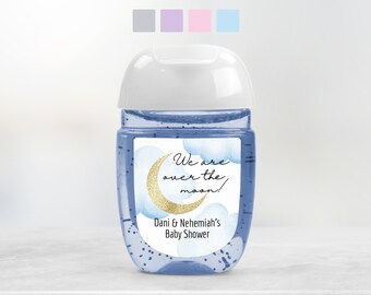 Over the Moon Shower Personalized Hand Sanitizer Labels |  Moon and Stars Baby Shower | 30 Printed Labels [4032HS]