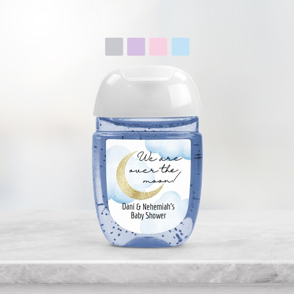 Over the Moon Shower Personalized Hand Sanitizer Labels |  Moon and Stars Baby Shower | 30 Printed Labels [4032HS]