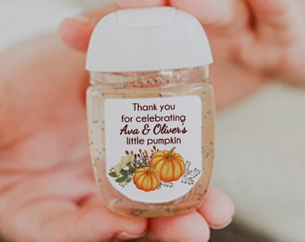 Pumpkin Party Favors: Personalized Hand Sanitizer Labels - Fall Rustic Gender-Neutral Baby Shower & First Birthday. 30 Printed Labels [1144]