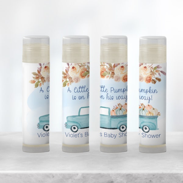 A Little Pumpkin is on the Way Baby Shower: Personalized Pumpkin Truck Lip Balm Favors, Boy, Blue, Fall Harvest Baby Shower Favors [1386]