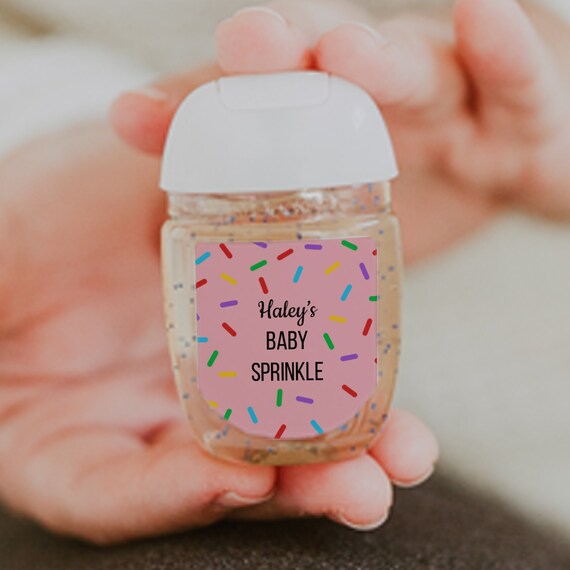 PRINTED Pink Sprinkles Baby Shower Hand Sanitizer Labels, Baby Girl