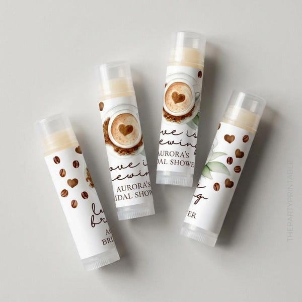 Personalized Love Is Brewing Lip Balm Favors, Coffee Bridal Shower Chapstick Party Favor