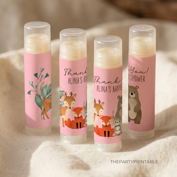 Recuerdos para baby shower de niña con temática de bosque: bálsamo labial, fiesta de animales del bosque.