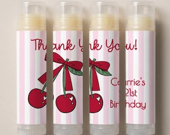 Coquette Cherry Lip Balm Favors Personalized Birthday or Bachelorette Party Pink Stripe Theme Favor