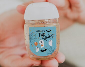 Two Spooky Birthday Personalized Hand Sanitizer Labels for Boy Second Halloween or Fall Birthday Party. 30 Printed Labels [1393]