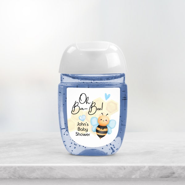 Oh Babee Personalized Hand Sanitizer Labels | Boy Baby Shower Theme | Blue | Bee Gender Reveal for Boy | 30 Printed Labels [4430]