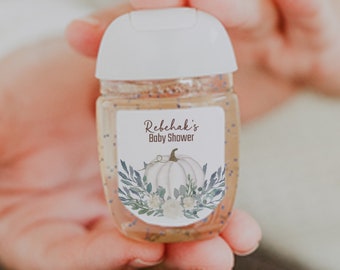 White Pumpkin Baby Shower: Personalized Hand Sanitizer Labels - Fall Rustic Theme for Birthdays & Bridal Showers. 30 Printed Labels [1135]