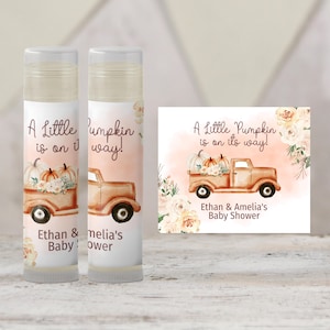 Editable Pumpkin Baby Shower Favors | Lip Balm Favor Bulk |  A Little Pumpkin Is on the Way | Fall Party Favors Boy Girl Gender Neutral 1386