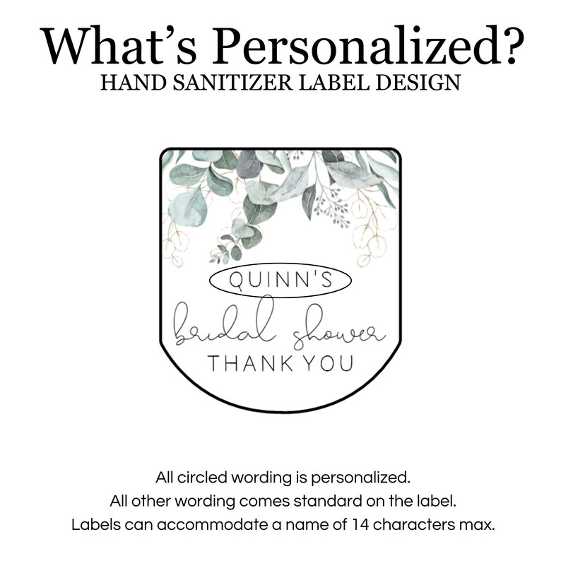 Eucalyptus Theme Bridal Shower: Personalized Printed Hand Sanitizer Labels for Greenery Botanical Garden Theme. Printed Set of 30 Labels image 4