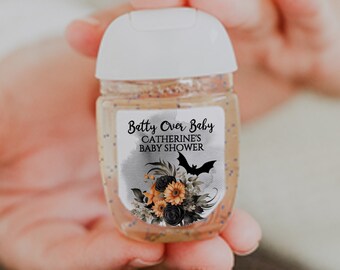 Batty Over Baby: Personalized Halloween Baby Shower Orange & Black Hand Sanitizer Labels for Bat-Theme Celebration. 30 Printed Labels [1426]