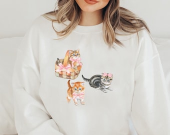 Coquette Aesthetic Kittens Sweatshirt Heart Ribbon Bow Crewneck, Cat pullover, Balletcore gift, Dollette Soft Girl Clothing Coquette Sweater