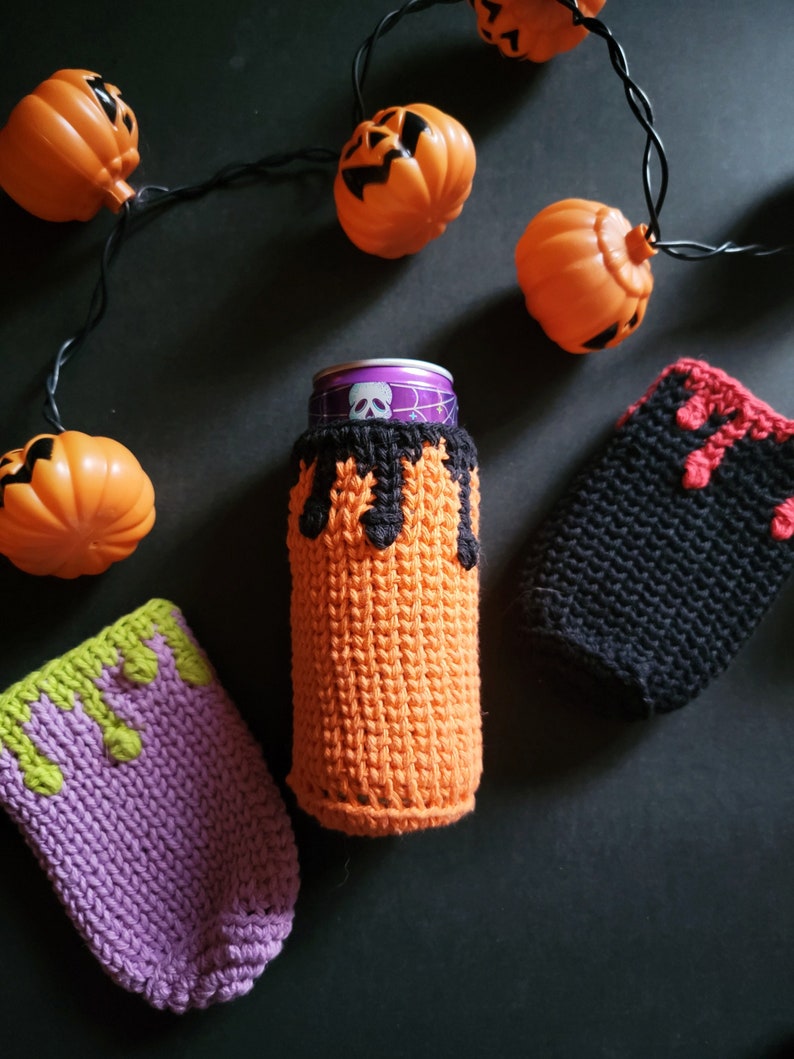 Creepy Cute Halloween Crochet PDF Pattern, Can Cozy, Reusable Can Sleeve, Spooky, Goth, Emo, Eco-Friendly, Printable PDF Crochet Pattern image 1