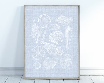 Coastal Granddaughter Vintage Aesthetic Wall Art Prints, Vintage seashells, Coastal Cowgirl Dorm Room Decor, blue linen wall art print