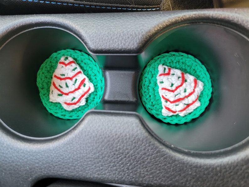 Digital Crochet car coaster crochet pattern, cup holder coaster, Christmas Tree Cake crochet car coaster, Xmas crochet, PDF pattern download image 1