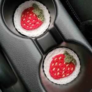 Crochet car coaster, crochet pattern, crochet cup holder coaster, cute strawberry car coaster, fruit car coaster, PDF pattern download