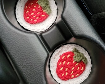 Gehäkelter Untersetzer für das Auto, Häkelanleitung, gehäkelter Getränkehalter, Erdbeeren im Auto, Obst im Auto, PDF Muster Download