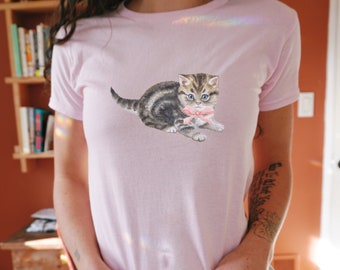 Coquette Kitten Pink Bow Y2K Baby Tee, Cottagecore cat, Coquette top, pink ribbon shirt, 90s baby tee, Balletcore tshirt, Dollette t-shirt