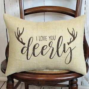 Antler pillow, I love you deerly pillow, Stenciled pillow, Cabin decor, Burlap Pillow, Deer antlers, Cabin pillow, FREE SHIPPING!