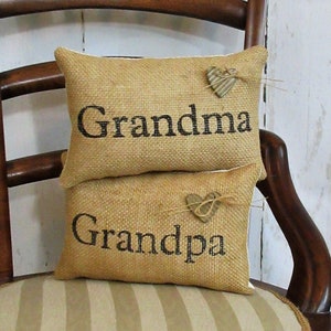 Grandparents Gift: Burlap Mini Pillow with Stenciled Name