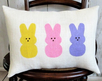 Easter Bunny peeps Pillow: Hand Stenciled Burlap Spring Decor