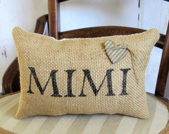 Mom pillow or Mimi pillow, Gigi pillow, burlap pillow, mini pillow, stenciled pillow, quick ship, Mother's day gift, FREE SHIPPING!