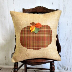 Burlap Fall Pillow Cover, Plaid Pumpkin Applique, Farmhouse Thanksgiving Decor