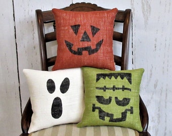 Halloween pillows pumpkin pillow Ghost pillow Frankenstein pillow burlap pillow Halloween decor Fall pillow sets FREE SHIPPING!