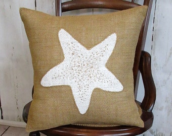 Stenciled Starfish Burlap Pillow: Beach Nautical Decor
