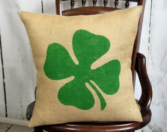 Shamrock pillow, St. Patrick's day decor, four leaf clover, Spring pillow, burlap pillow, Irish pillow, pillow cover, FREE SHIPPING!