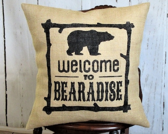 Cabin pillow, Welcome pillow, bear pillow, Burlap pillow, stenciled pillow, FREE SHIPPING!