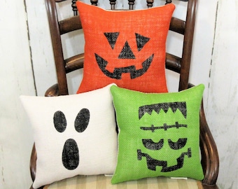 Burlap Halloween Pillow Set: Hand Stenciled Ghost, Pumpkin, Frankenstein