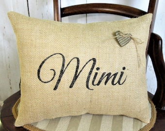 Mimi Burlap Pillow: Stenciled Grandma Gift with Accent Heart