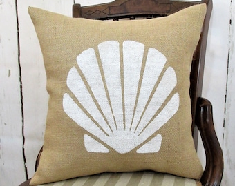 Seashell Burlap Pillow: Stenciled Nautical Decor with Gold Trim