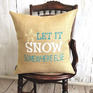 Coastal Christmas Burlap Pillow Cover: Let It Snow Starfish Decor