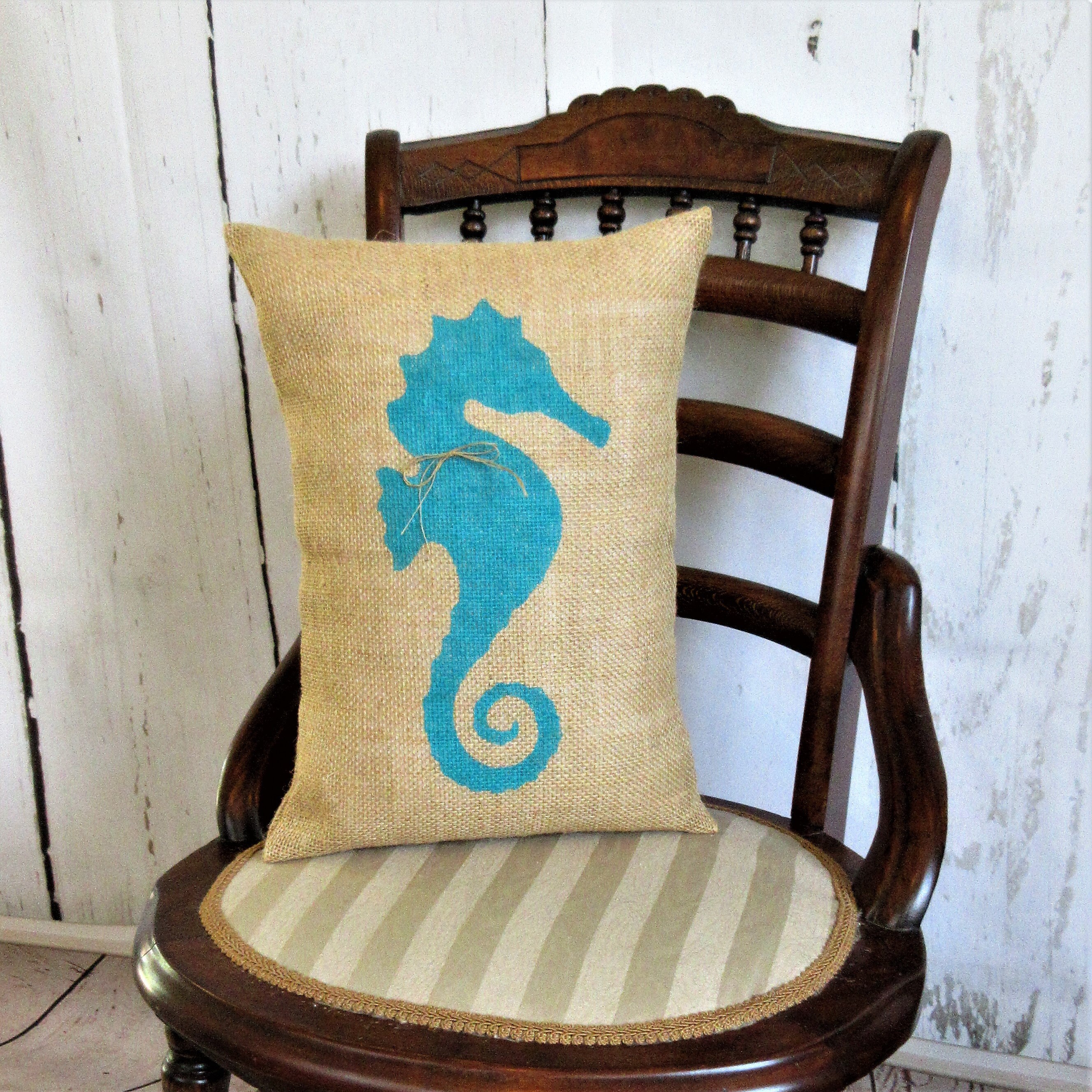 Seahorse pillow Beach pillow Nautical pillow Burlap pillow Etsy