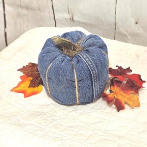 May include: A decorative pumpkin crafted from blue denim fabric, featuring visible seams and a brown stem at the top. The pumpkin is accented with thin twine wrapped around its segments and is surrounded by several artificial autumn leaves.