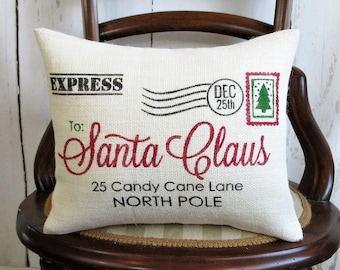 Letter to Santa Burlap Pillow, Farmhouse Christmas Decor (10x12)
