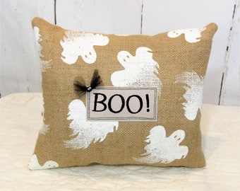 Burlap Halloween Pillow, Ghost and Bat Decor, Hand-Stenciled BOO!