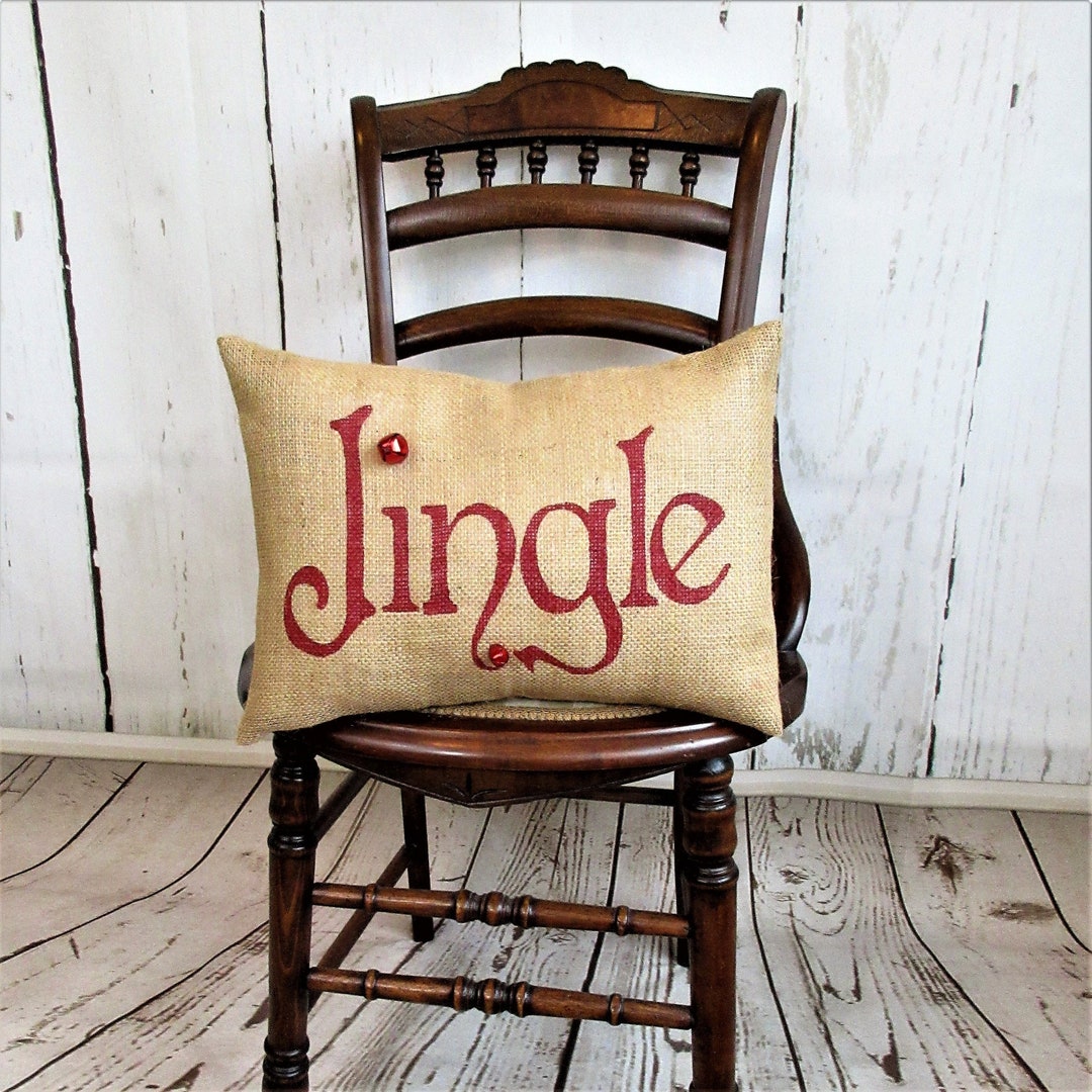 Jingle Bell Lumbar Christmas Pillow, Burlap Christmas Decor, Stenciled Lumbar Christmas Pillow