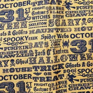 Halloween phrases words print burlap fabric by the yard