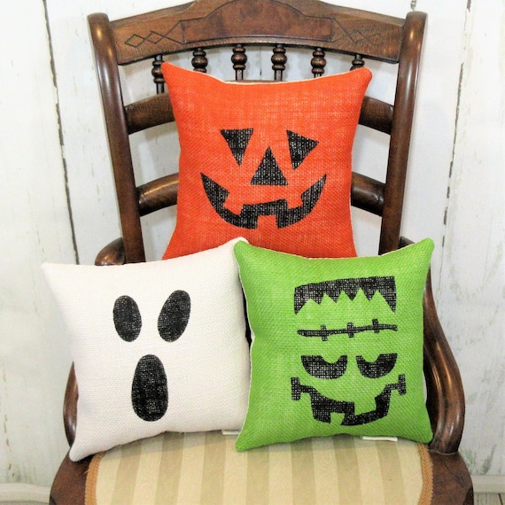 Burlap Halloween Pillow Set: Hand Stenciled Ghost, Pumpkin, Frankenstein