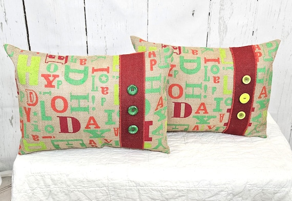 Christmas Holiday Pillow, Red and Green Print Burlap, Button Accent, Rectangle