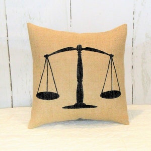 Scales of justice decor, lawyer paralegal judge law student gift, burlap pillow, FREE SHIPPING!
