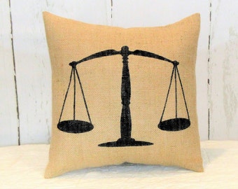 Scales of justice decor, lawyer paralegal judge law student gift, burlap pillow, FREE SHIPPING!