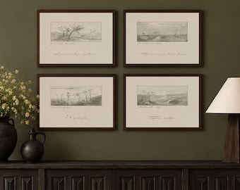 Vintage Set of 4 Landscape Art Prints, Tree Sketch Art, Neutral Tones (Unframed) Printed & Shipped Wall Art, Beige Antique Drawings