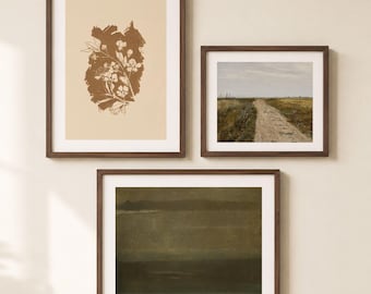 Gallery Wall Set of 3 Prints | Moody Neutral Wall Art Set | Curated Antique Art Landscape & Botanical Collection | Unframed Art Prints