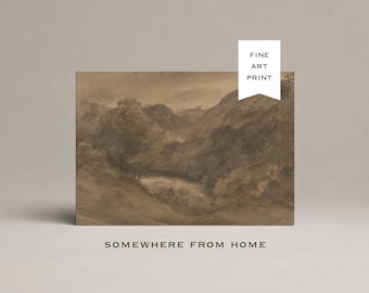 Warm Landscape Art Print, Sepia Valley, Hand-Torn Deckled Edges