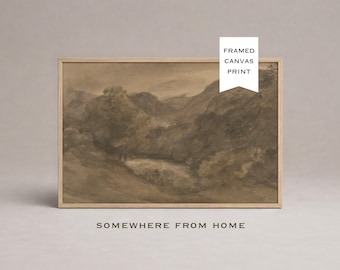 Neutral Landscape Painting Oversized Framed Canvas Living Room Wall Art Brown Vintage Prints